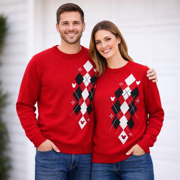 Vintage 90s Mickey Mouse Disney Argyle Pullover Sweater Oversized Red - XL - Picture 5 of 13